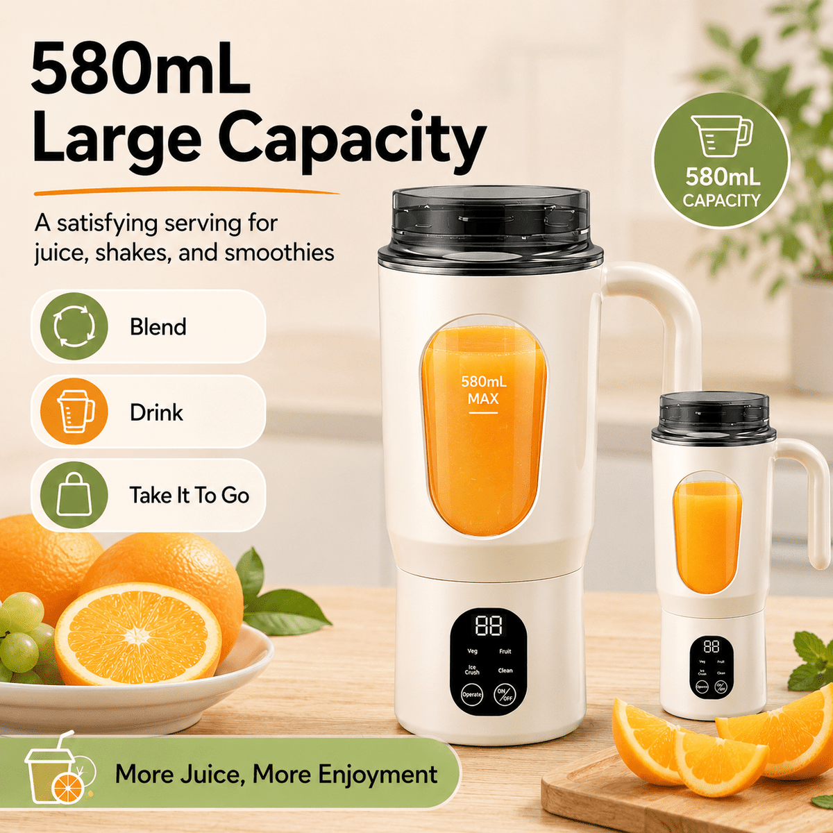 STARBIAO Portable Blender 19.6 oz Personal Juicer Cup, USB-C Rechargeable Mini Blender for Shakes & Smoothies, 12-Blade Stainless Steel, 4 Modes, Digital Display, Self-Cleaning, Beige
