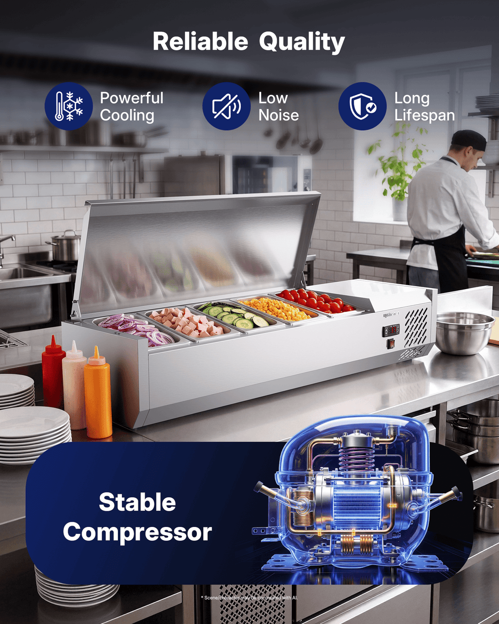 Upstreman Countertop Refrigerated Condiment Prep Station, 47" Sandwich Prep Table Stainless Steel 5 Pans Salad Bar Prep Table with Digital Temp Control, Silver