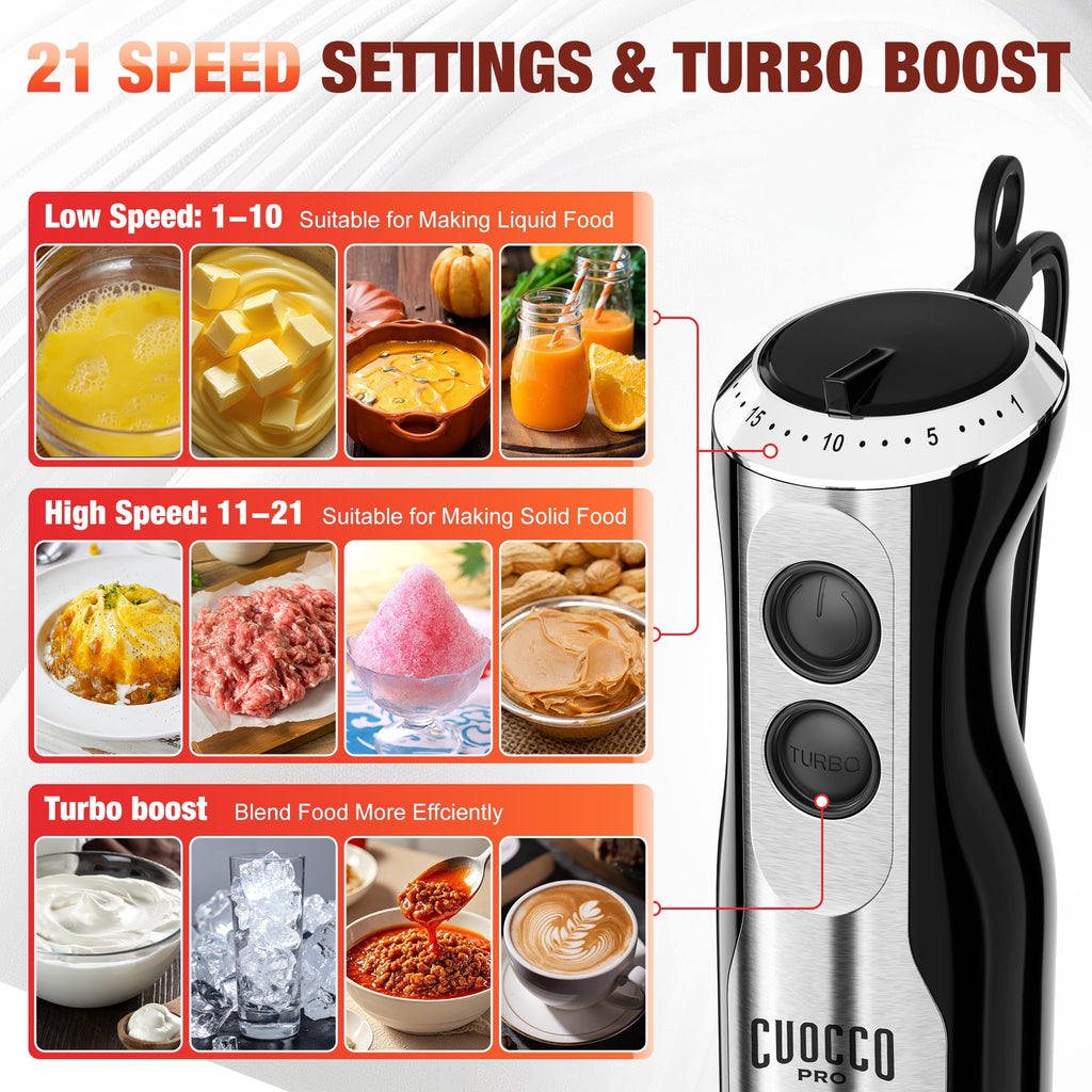 Immersion Blender, 1100W Immersion Blender Handheld with 21 Speeds & Turbo Boost – 3-in-1 Hand Blender for Purees, Baby Food, Milkshakes, Soups & Smoothies