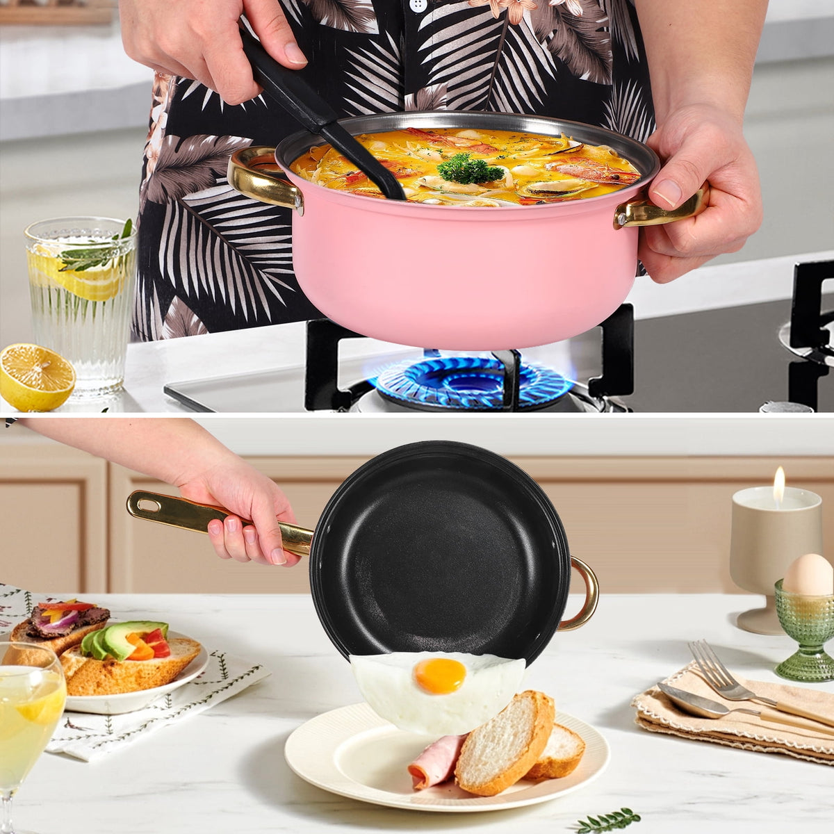 12 Piece Stainless Steel Cookware Set, Nonstick Cookware Set, Kitchen Pots and Pans Tea Kettle Set with Glass Lid for Cooking, Dishwasher, Pink