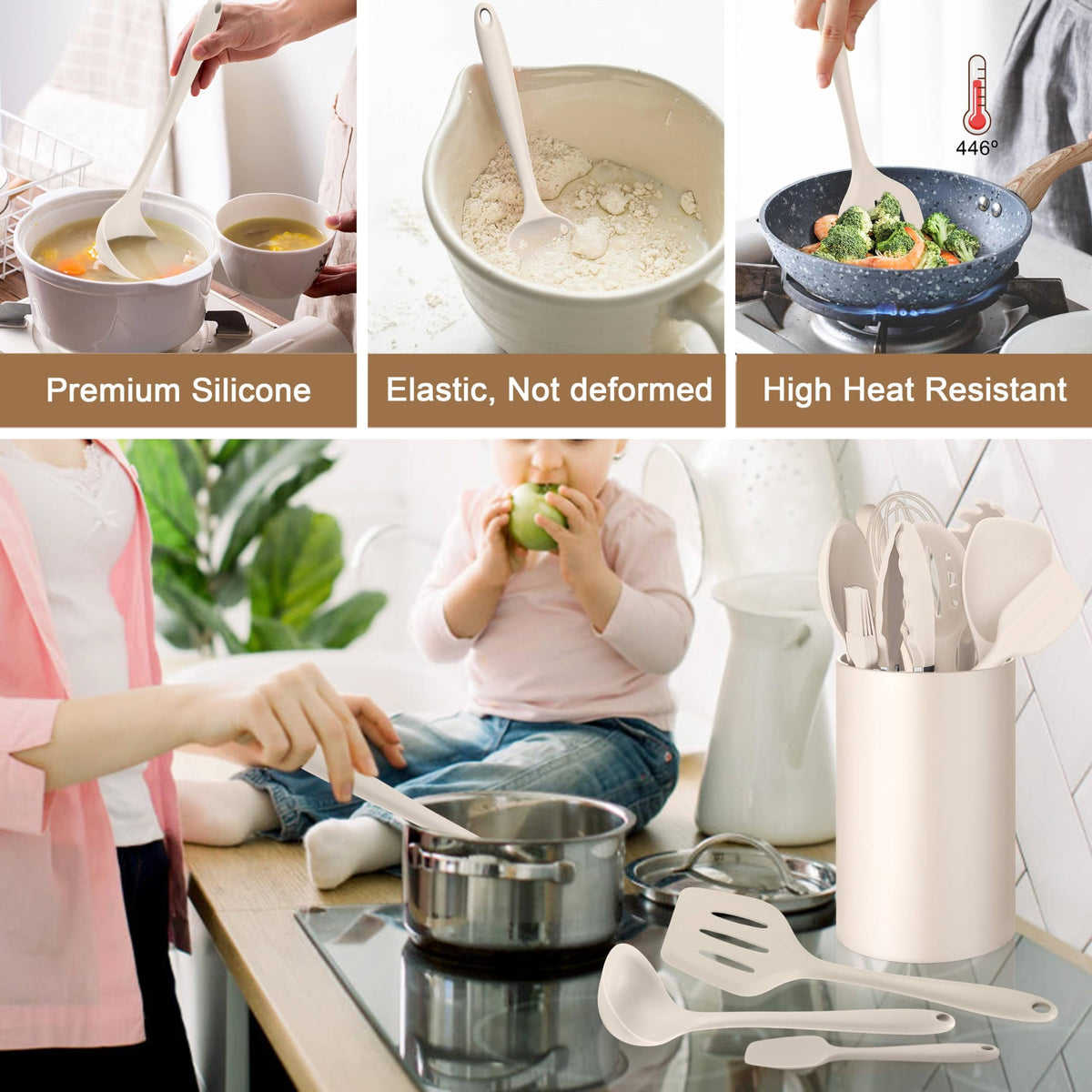 Walchoice 14 Pcs Cooking Utensils Set with Holder, Heat Resistant Silicone Kitchen Cookware Utensils Set, Kitchen Cooking Tools Includes Spatula Spoon Turner Whisk Tong, Dishwasher safe, Red