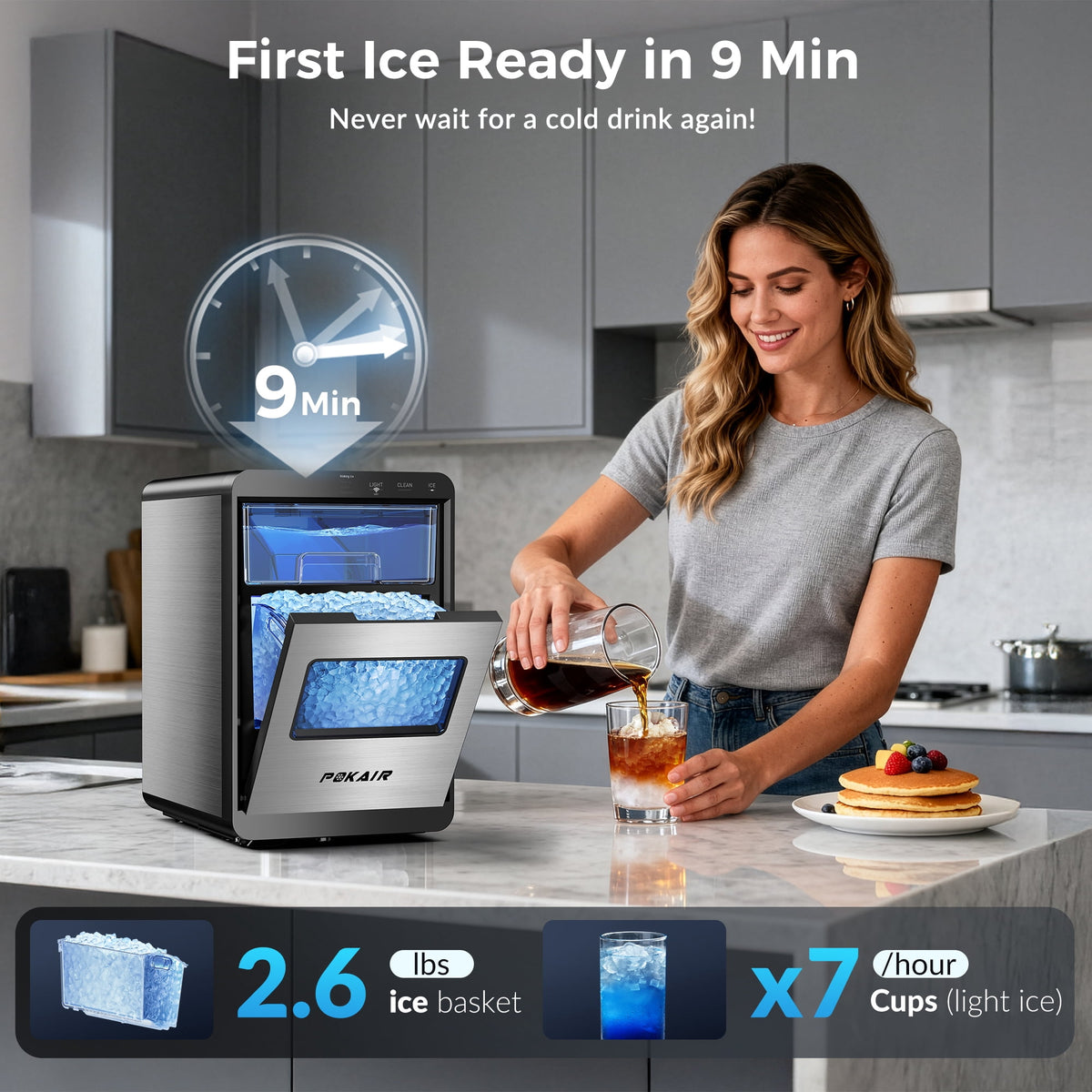 POKAIR Smart Nugget Ice Maker Countertop, Wi-Fi App Controlled Portable Ice Maker 44lbs/Day, Soft Chewable Pebble Ice in 9 Minutes, Self-Cleaning, Stainless Steel Ice Machine for Home & RVs