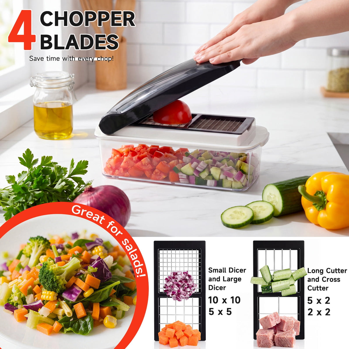 Honhorrs Vegetable Chopper Mandoline Slicer with Container, Food Veggie Chopper, Cheese Grater, Onion Vegetable Cutter for Kitchen Gadgets & Gifts, Home Essentials (9-in-1, Black)