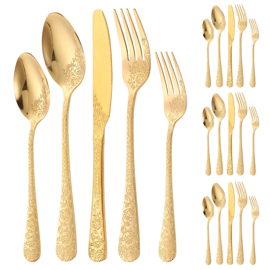 20 Pcs Floral Silverware Set Including Fork Spoon and Knife Stainless Steel Flatware Set Vintage Cutlery Set Mirror Polished Utensil Set for Kitchen Dishwasher Safe Service for 4