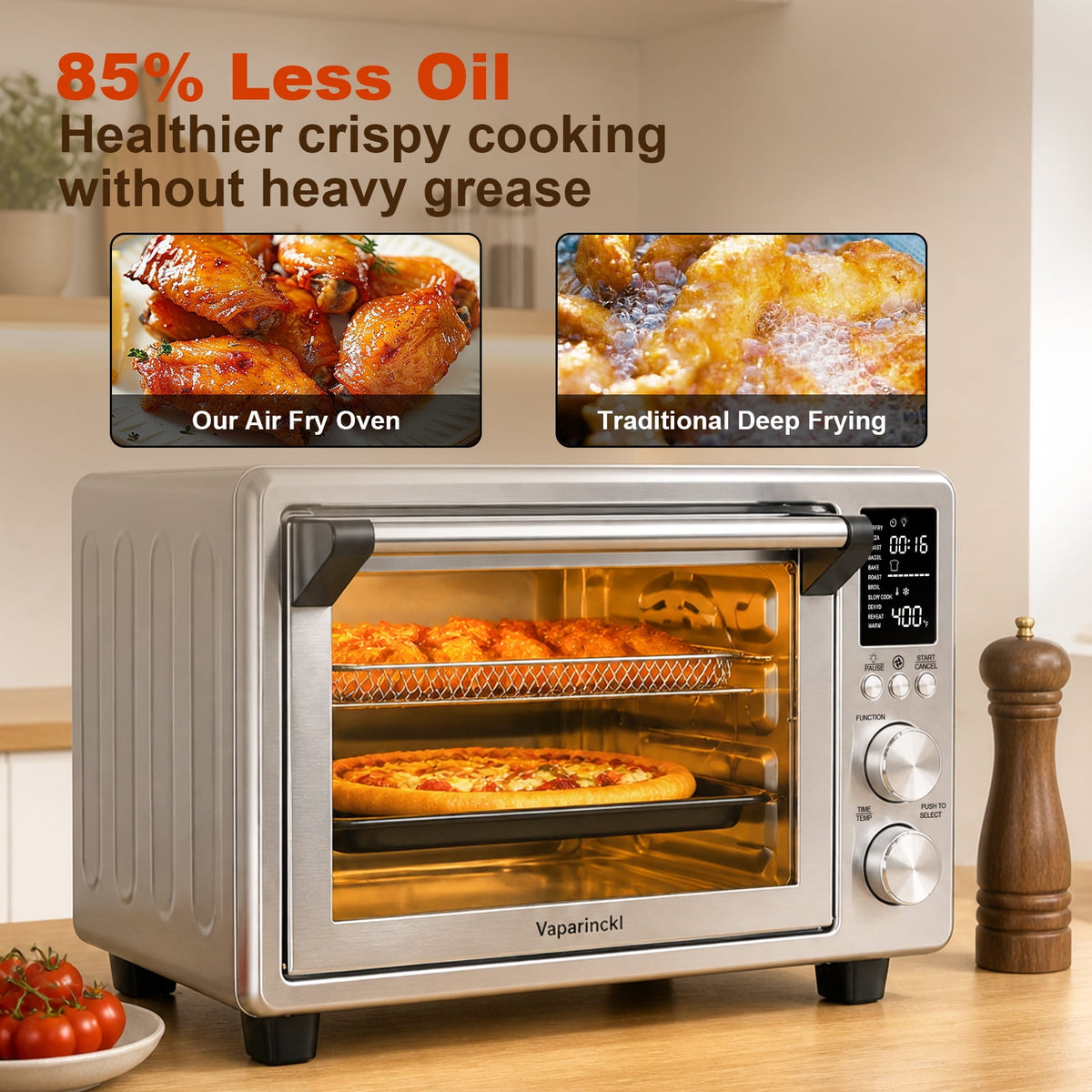 Vaparinckl 26.5QT Air Fryer Toaster Oven, Digital Control with 11-in-1 Multifunction Countertop, Clear-Viewing Window, Oil-Less 1500W, Stainless Steel