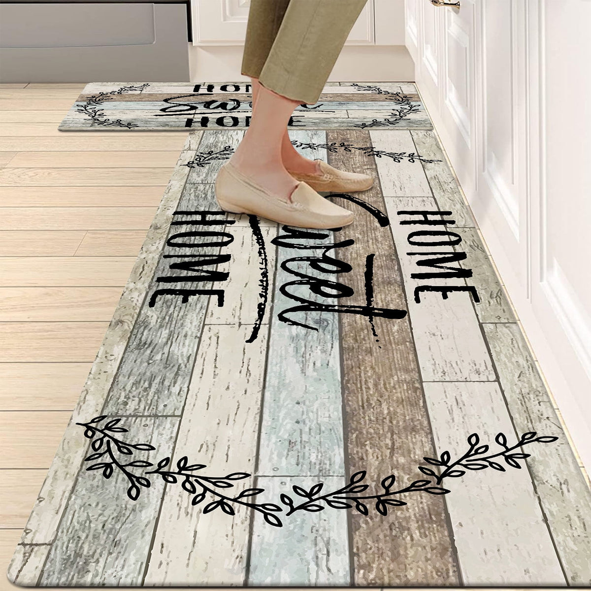 Findosom 2pcs Anti Fatigue Kitchen Rug Set,18"x30"+18"x47" Waterproof Non Slip Kitchen Runner Rug,0.4" Thick Cushioned Kitchen Floor Mats,Ergonomic Standing Mats Back Pain Relief Laundry Foam Rug