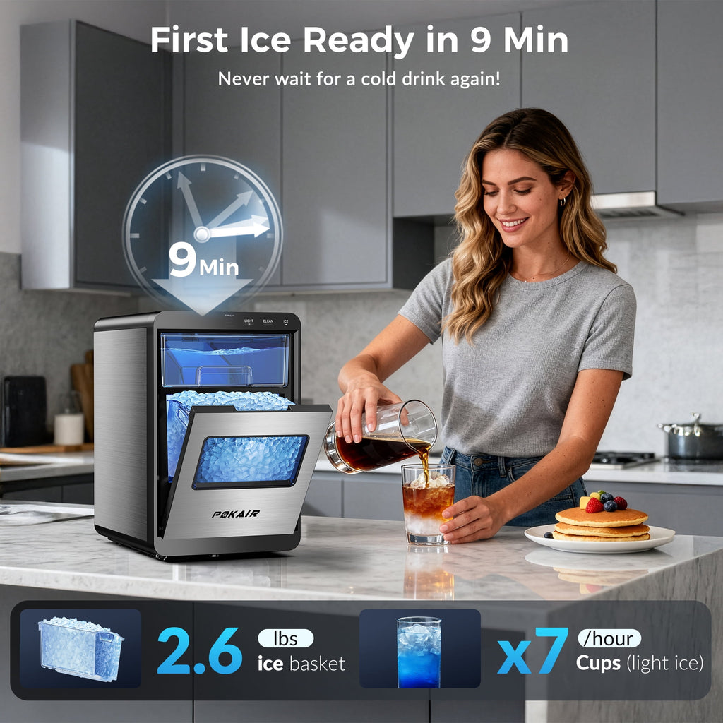 POKAIR Countertop Nugget Ice Maker for Fresh Chewable Ice, 44 lbs/Day Pebble Ice Machine, 9-Min Ice, Self-Cleaning, ETL, Brushed Stainless Steel