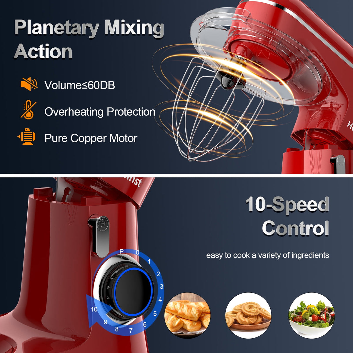 Honinst 6.5 QT Electric Stand Mixer, 10+P Speeds Lightweight with Tilt-Head Kitchen Stand Mixer, Dough Hook, Whisk, Beater and Bowl, Food Mixer for Baking, Cake and Most Home Cooks