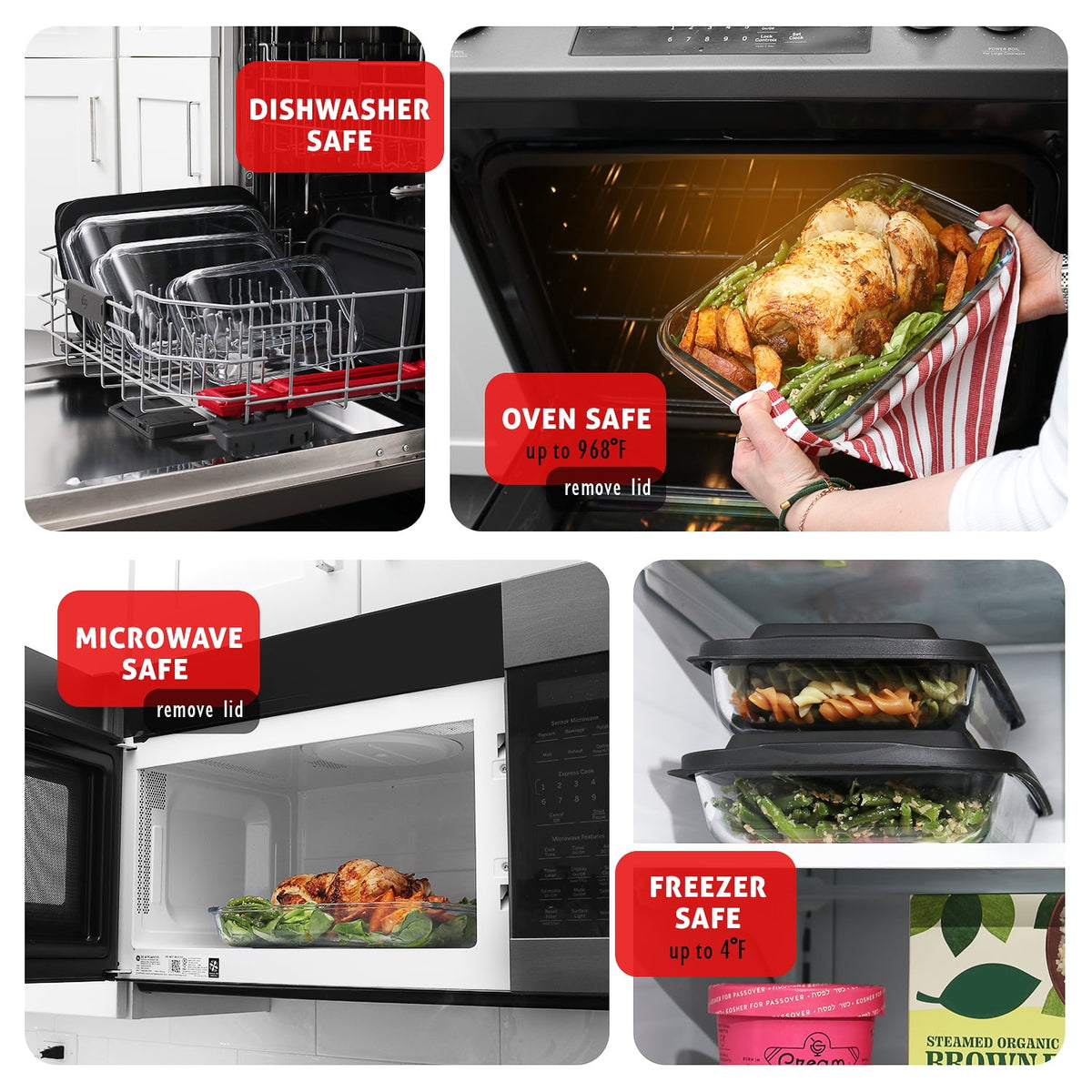 Virtu Casserole Glass Baking Dish, 8pc Stackable Glass Food Storage Containers with Airtight Lids and Grip Handles, Black