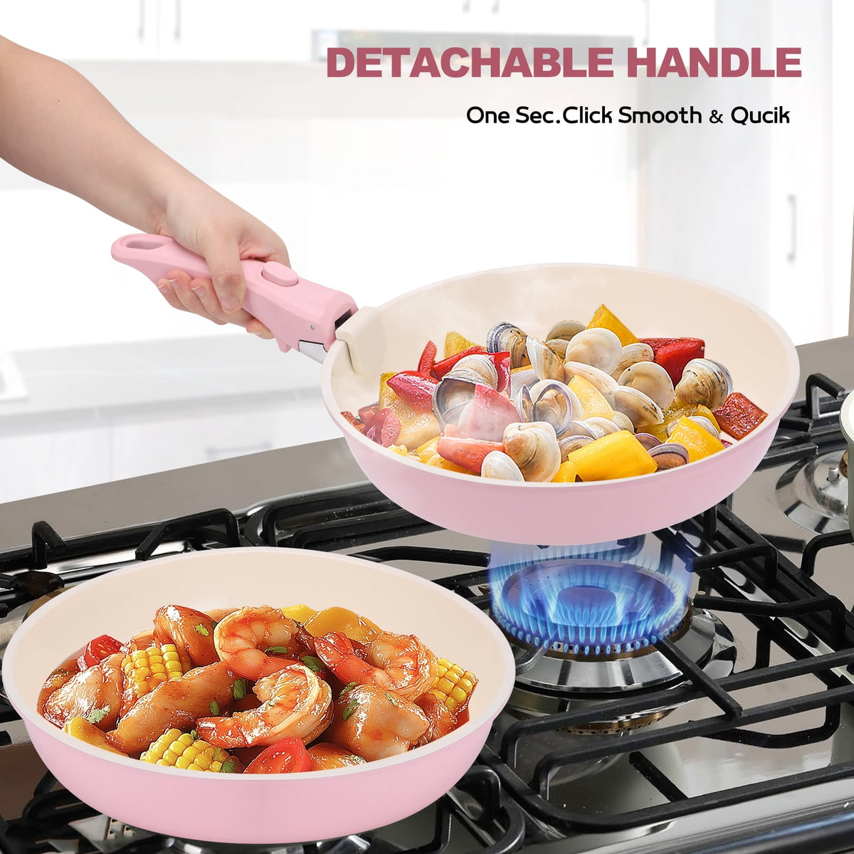 17 Piece Ceramic Pots and Pans Set Non Stick, Cookware Set with Detachable Handle, Oven Safe, Induction Ready, Stackable RV Kitchen Cooking Set Removable Handles, Cream White