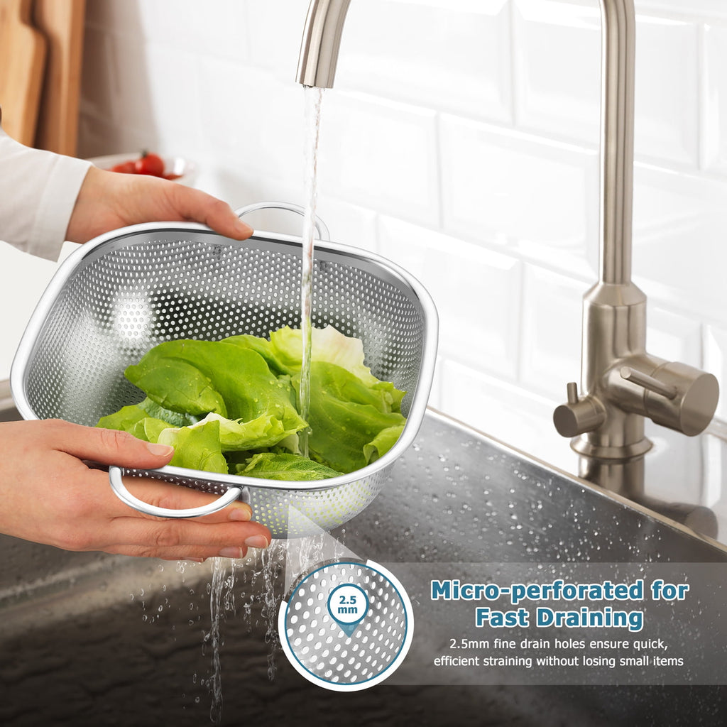 VeSteel Colander Set of 3, Stainless Steel Micro-Perforated Colanders Strainers for Draining Rinsing Washing, Ideal for Pasta Vegetables Fruits, Heavy Duty & Dishwasher Safe - 1/3/5 Quart
