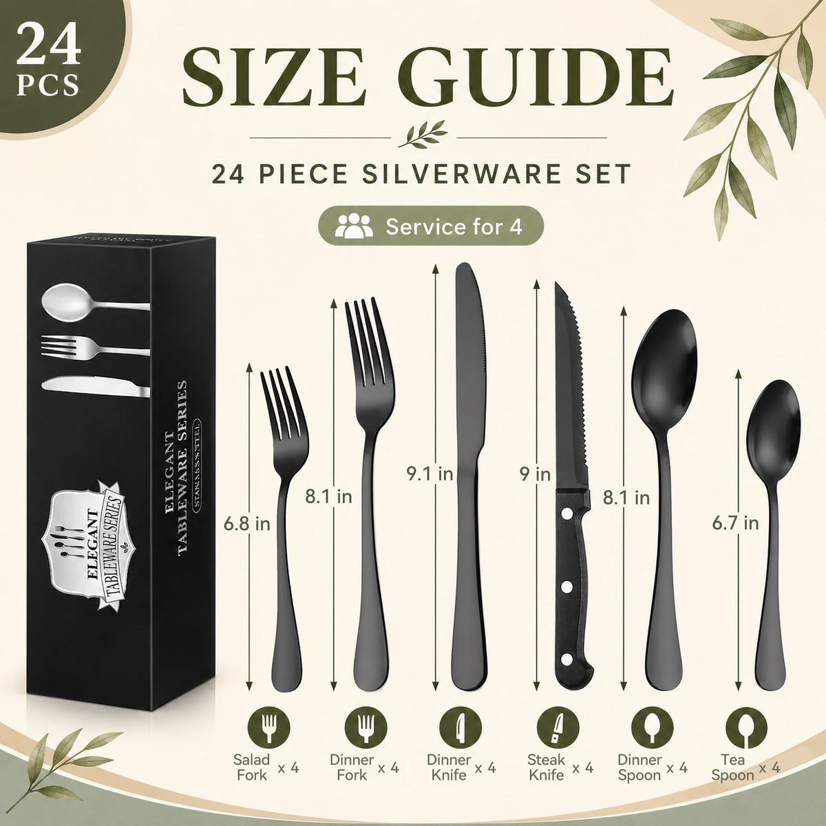 TINANA Silverware Sets, 24 PCS Flatware Set for 4, Stainless Steel Cutlery Utensil Set with Steak Knives Mirror Polished Forks and Spoons, Silver