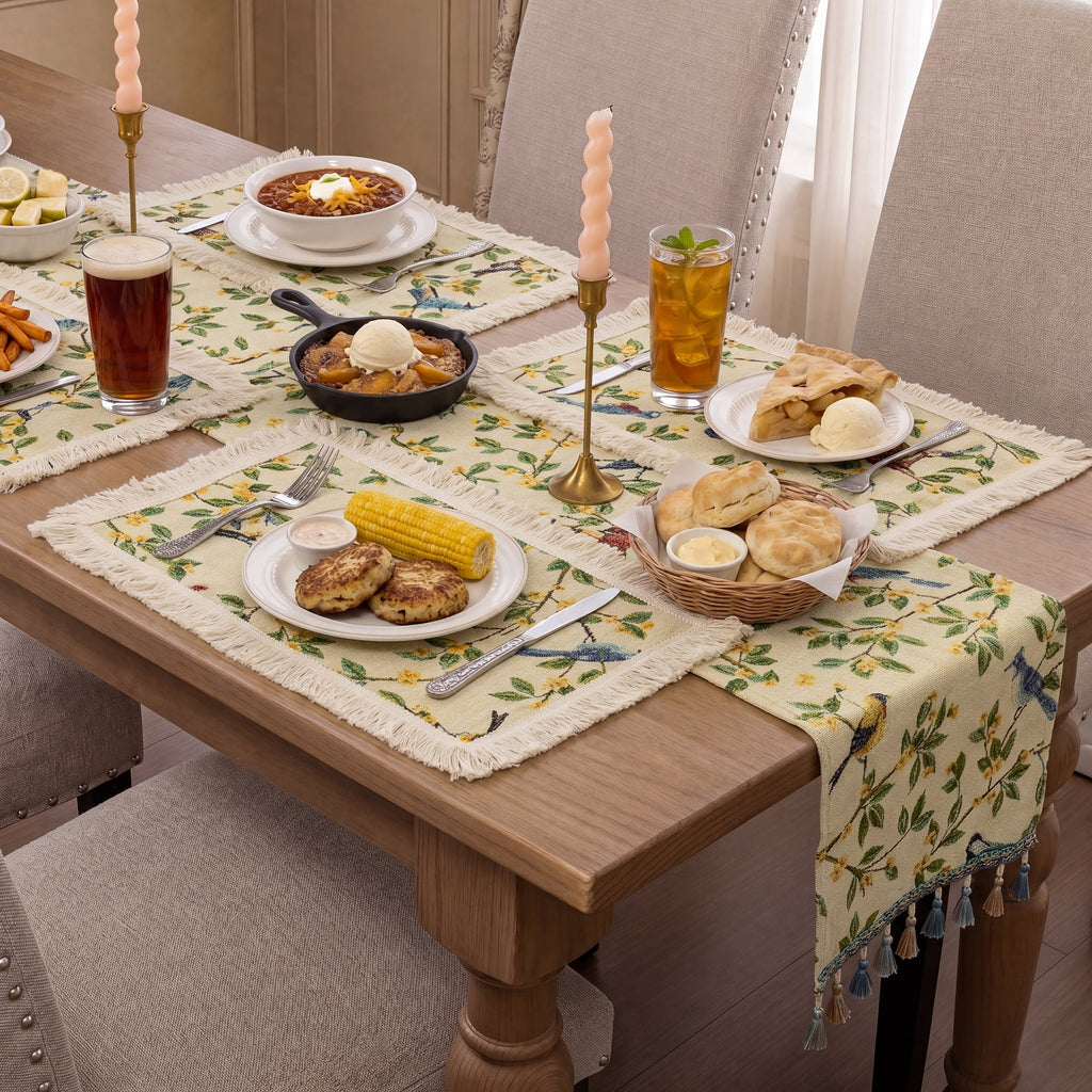 MeyJey Table Runner and Placemats Set of 4, Washable Fabric Rectangle Dining Table Mats with Tassels for Dining Tables, Kitchen, Red/Beige