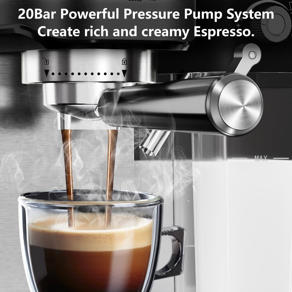 Bluebow 6-in-1 Espresso Machine, 20 BAR Cappuccino & Latte Machine with Built-In Milk Frother, One-Touch Single or Double Shot, 1350W, Stainless Steel