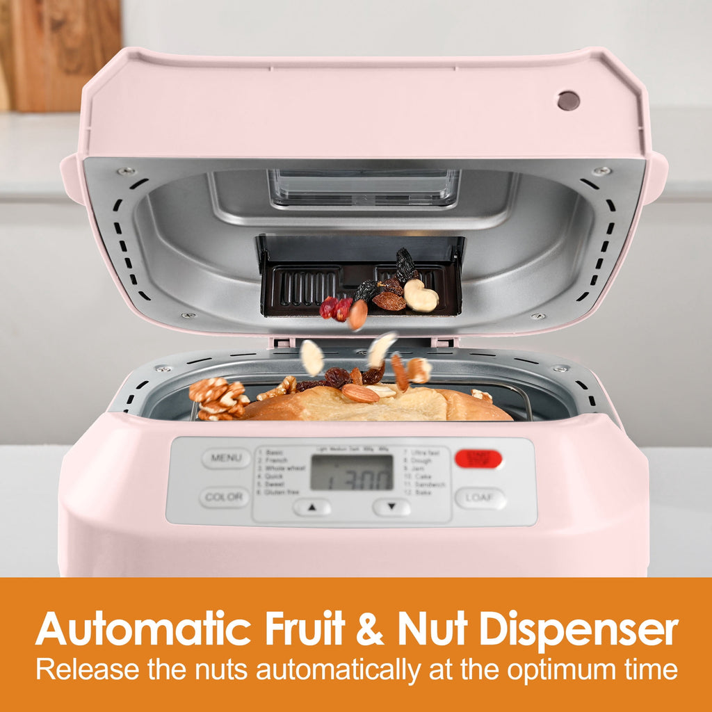Kitchen in the Box 2lb Bread Maker with Auto Fruit Nut Dispenser, 12-in-1 Gluten-Free Bread Machine, 13H Delay Timer, Nonstick Pan, Keep Warm, White