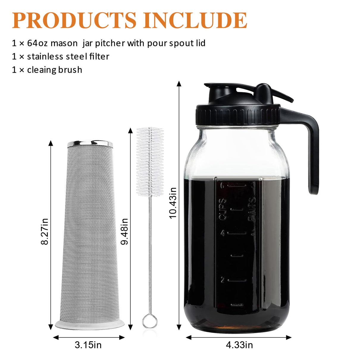 TINANA Cold Brew Coffee Maker, 64OZ Wide Mouth Mason Jar Pitcher with Stainless Steel Filter, Pour Spout for Iced Brew Coffee & Tea Lemonade