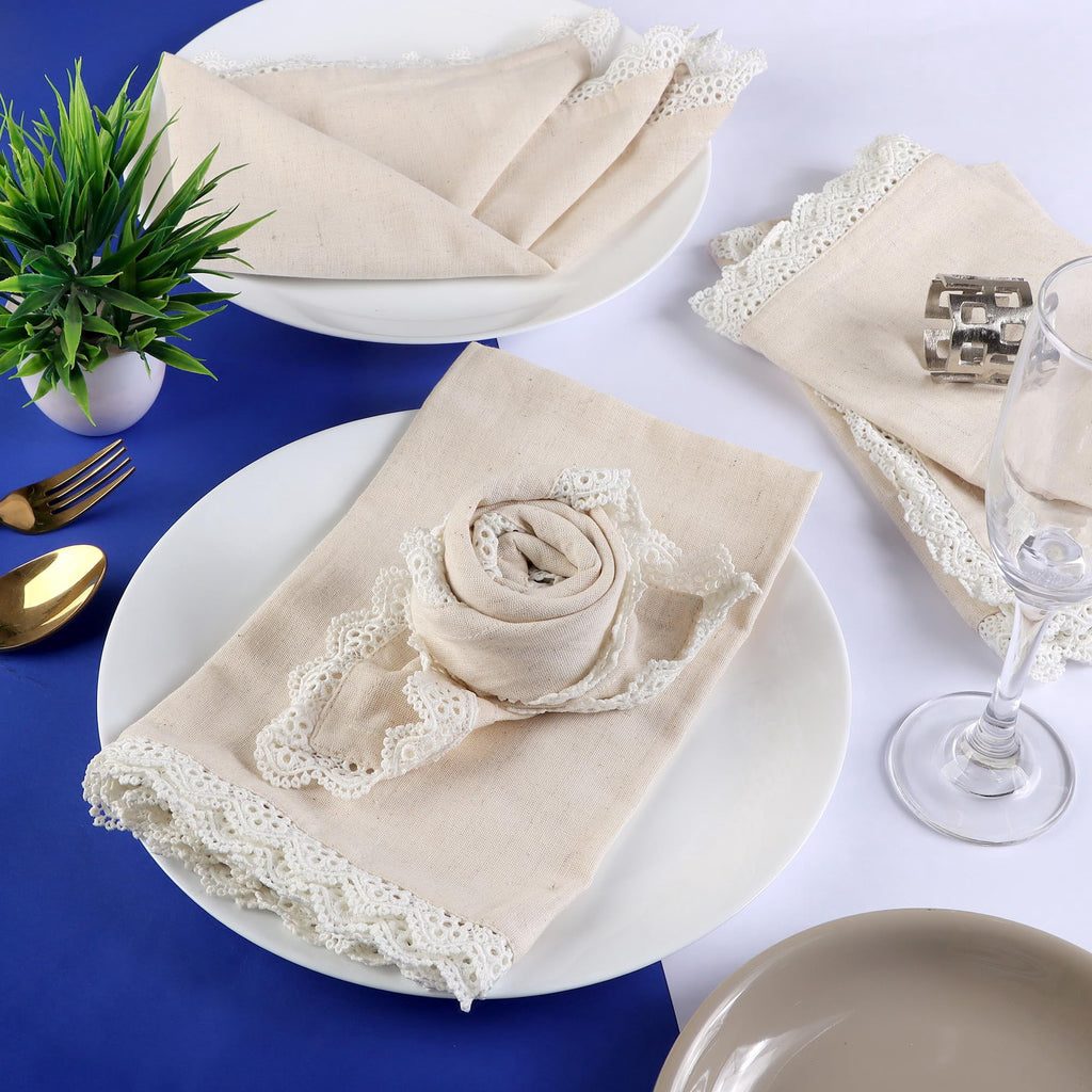 Fingercraft Cloth Napkin, Soft Quality Cotton Linen Blend Fabric, Dinner Napkins with Premium White Lace, 6 Pack, 20”x20” Aqua