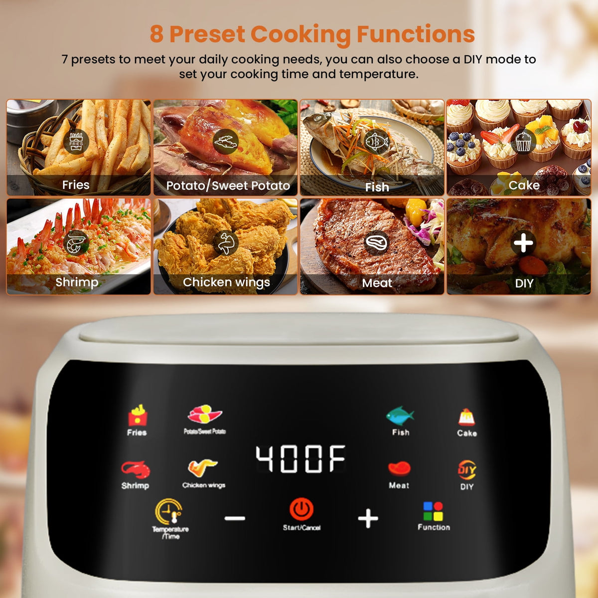 Bluebow Air Fryer Large 7.5QT, 8-in-1 Digital Touchscreen, Visible Cooking Window, 1700W, Cream White