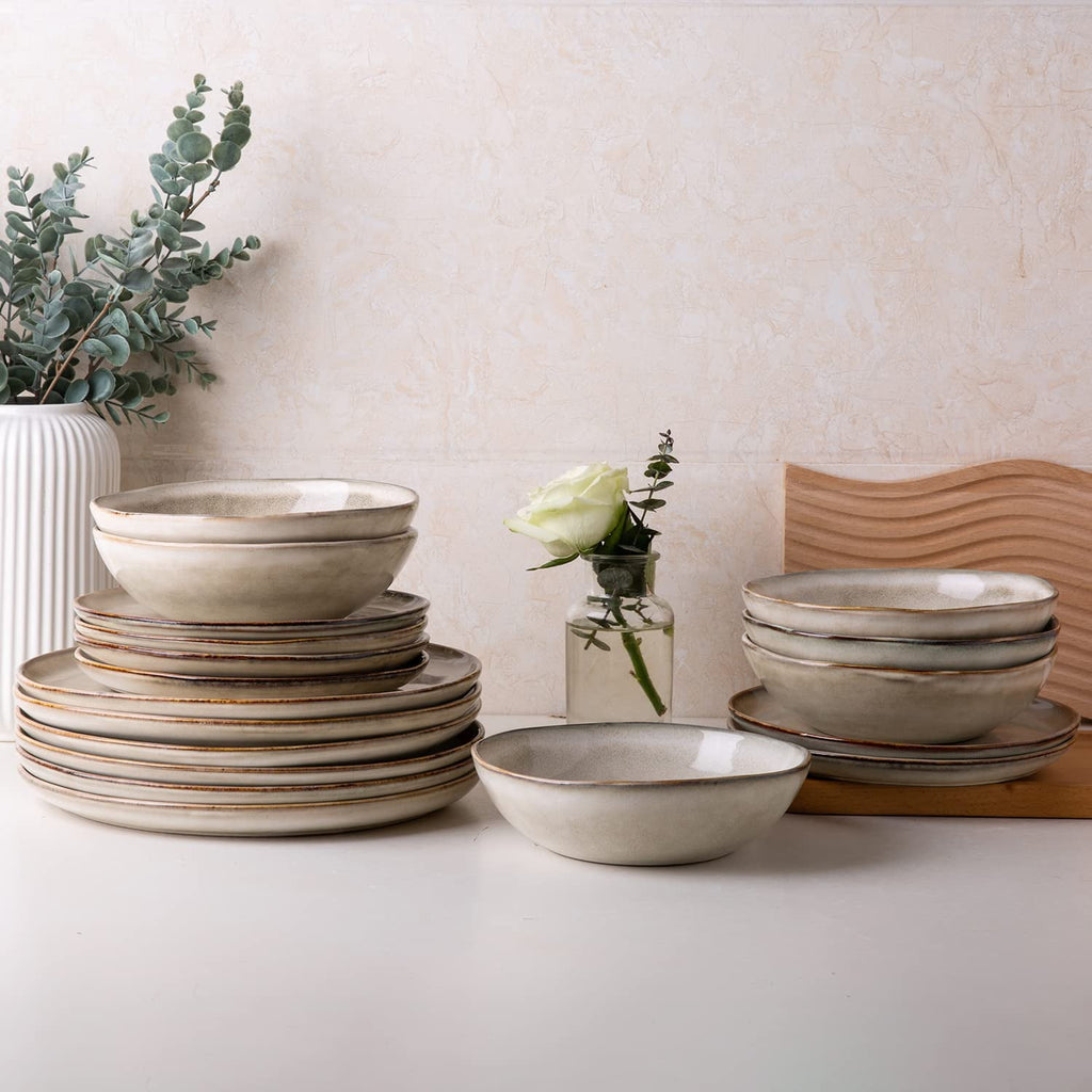 AmorArc Ceramic Plates Set of 6, 8.5 Inch Handmade Reactive Glaze Stoneware Plates set for Dessert, Salad, Appetizer, Dinner, Microwave & Dishwasher Safe, Scratch Resistant-Pearl White