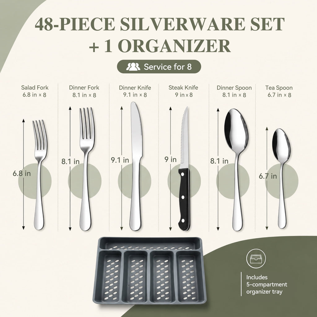 TINANA 48 PCS Silverware Sets with Organizer, Silver Flatware Set Set for 8, Stainless Steel Cutlery Utensil Set with Steak Knives Forks and Spoons