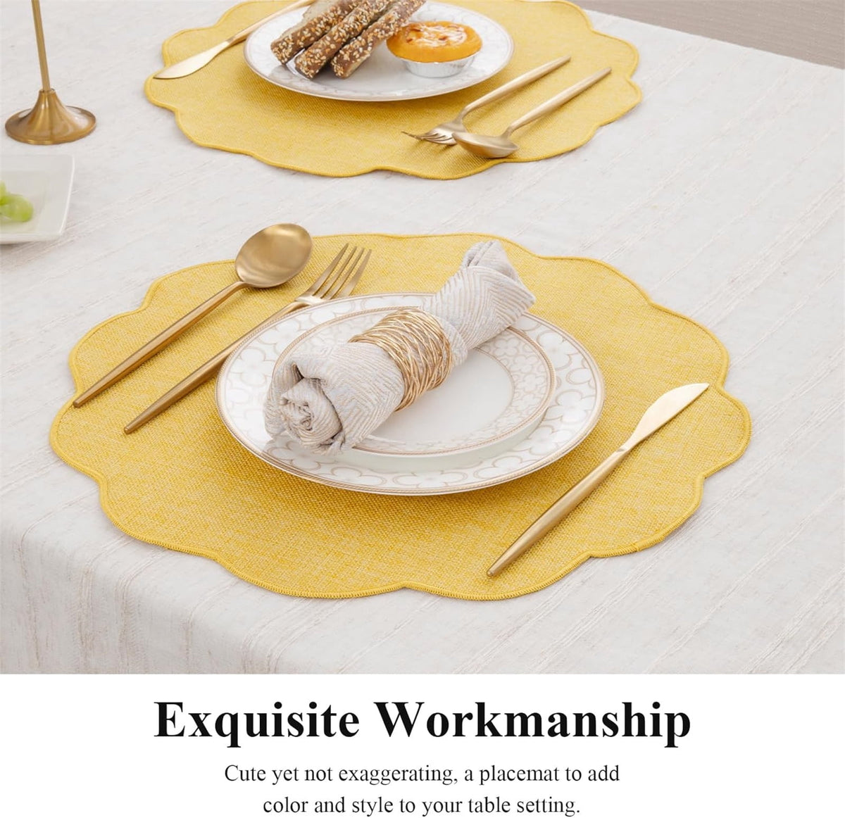 Ileading Scalloped Round Placemats Set of 6 Polyester Linen Blend Washable Non Slip Place Mats Easy Clean Heat Resistant Table Mats for Kitchen Dining Table Decor