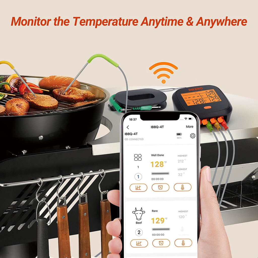 Inkbird WiFi&Bluetooth Meat Thermometer,4 Colored Probes Wireless BBQ GrillingThermometers for Barbecue ,Smoker,Oven | APP Calibration Temp Graph | Mobile Notification Timer Alarm