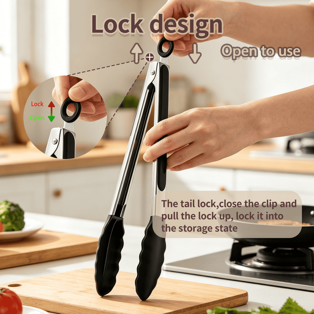 Non-stick black kitchen tongs with silicone tips, heat-resistant up to 480°F, 3-piece set (7“, 9”, 12"), featuring non-stick silicone tips and stainless steel handles. Ideal for cooking, serving, gri