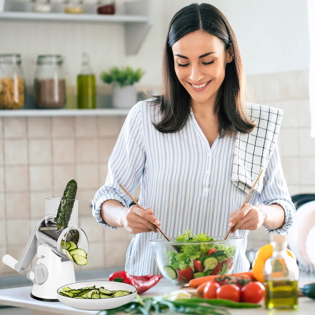 Premium Rotary Cheese Grater, Manual Cheese Grater for Kitchen, Handheld Vegetables Slicer Cheese Shredder with Rubber Suction Base, 3 Stainless Drum Blades Included,Blue