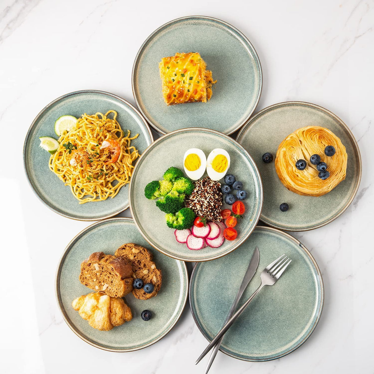 AmorArc Ceramic Plates Set of 6, 8.5 Inch Handmade Reactive Glaze Stoneware Plates set for Dessert, Salad, Appetizer, Dinner, Microwave & Dishwasher Safe, Scratch Resistant-Pearl White