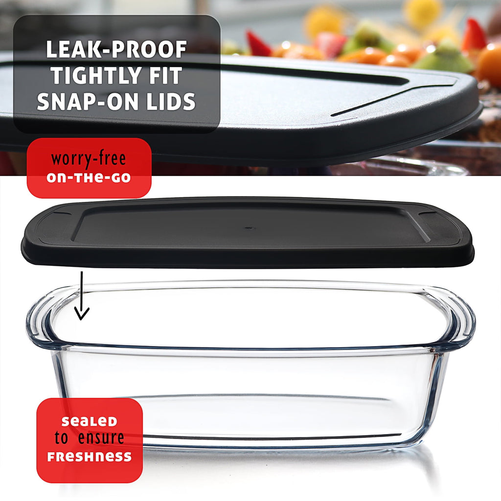 Virtu Glass Bread Loaf Pan, 6pc Glass Baking Dish with Lid, Food Storage Container, Black