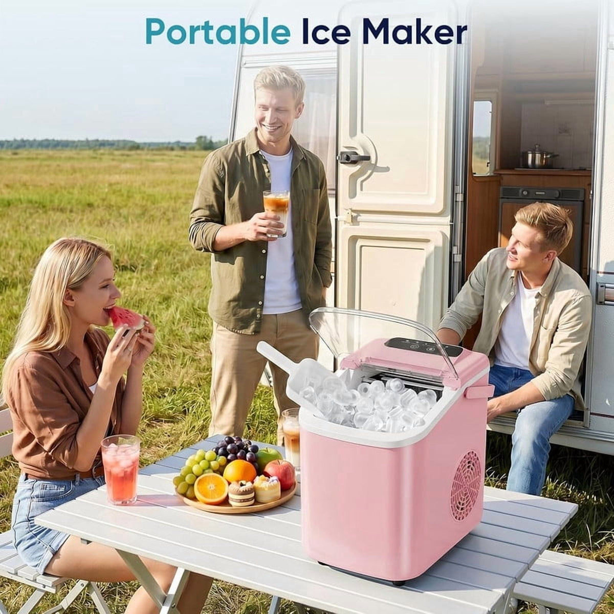 Simenmax Ice Maker Countertop – 26lbs Desktop ice maker with Handle for Home, Kitchen, Office, Outdoors, RV, Camping, White