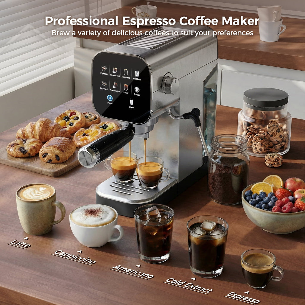 Patbrela Espresso Machine with Cold Brew, 20 Bar Coffee Maker Machine with Steam Milk Frother, LED Touch Screen, Cappuccino/Latte/ for Home