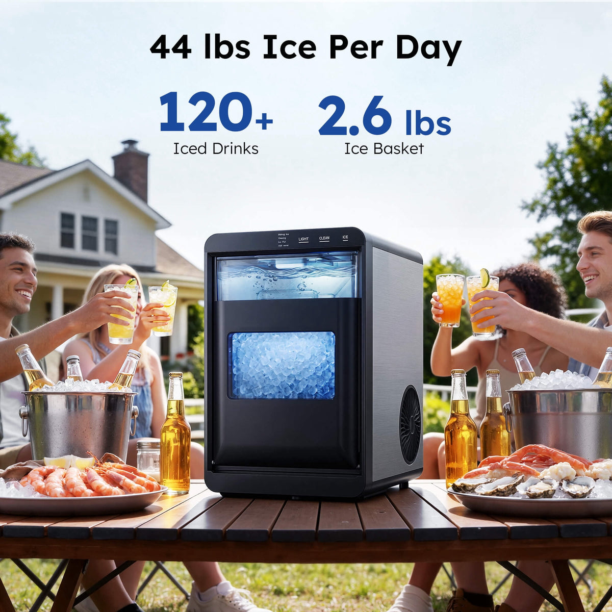 Simzlife Nugget Ice Maker Countertop, 44 lbs/24H, Soft Chewable Sonic-Style Pebble Ice machine, One-Touch Self-Cleaning, Stainless Steel Black