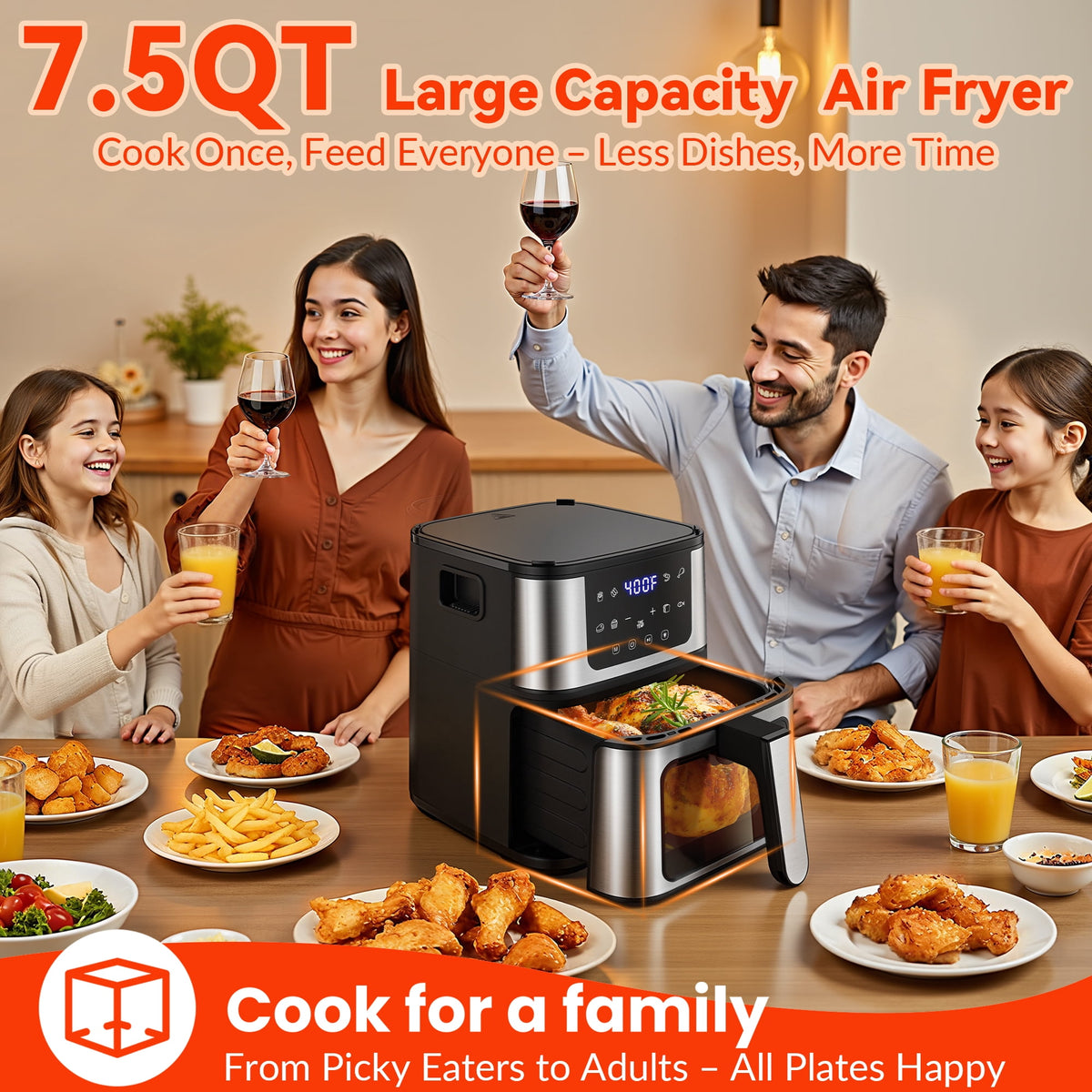 Air Fryer+Grill Plate, 7.5 Quart 8-in-1 Dual Mode Air Fryer with Window, 120-Min Timer, Max 400°F, Auto Shut Off & Nonstick Dishwasher Safe Basket, Touchscreen Controls, Easy Meals, Black