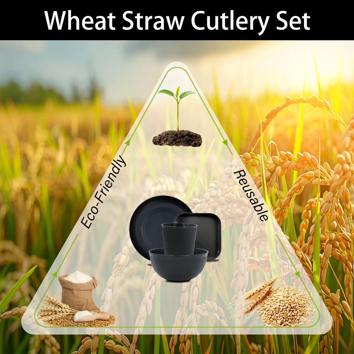Soulgenix Wheat Straw Dinnerware Set, 48 Piece Plastic Plates and Bowls Sets for Microwave & Dishwasher Safe, Unbreakable Reusable Dish Set for Home, Dorm, Picnic, Black