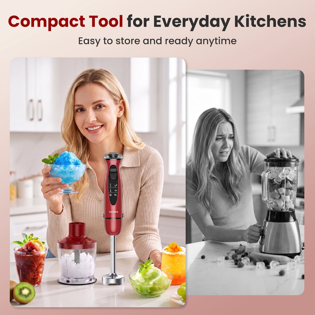 VAVSEA Immersion Blender, 1100W 5-in-1 Hand Blender, 24-Speed Stick Blender for Small Kitchen, Splash-Resistant Handheld Blender Mixer with Turbo Mode for Smoothies, Baby Food, Black