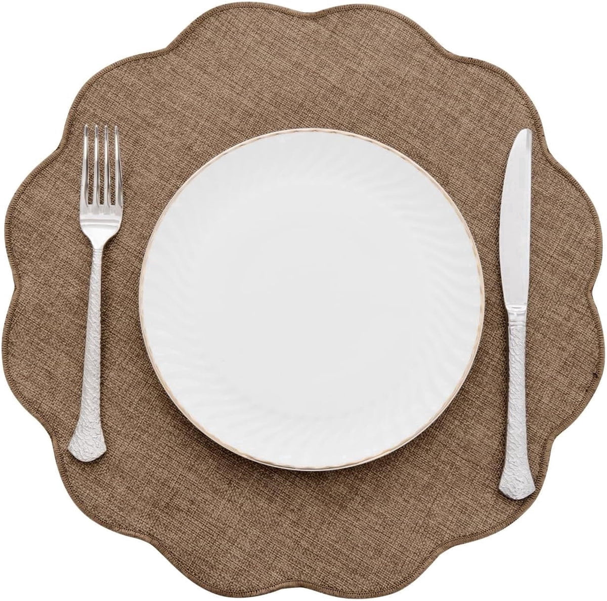 Ileading Scalloped Round Placemats Set of 6 Polyester Linen Blend Washable Non Slip Place Mats Easy Clean Heat Resistant Table Mats for Kitchen Dining Table Decor