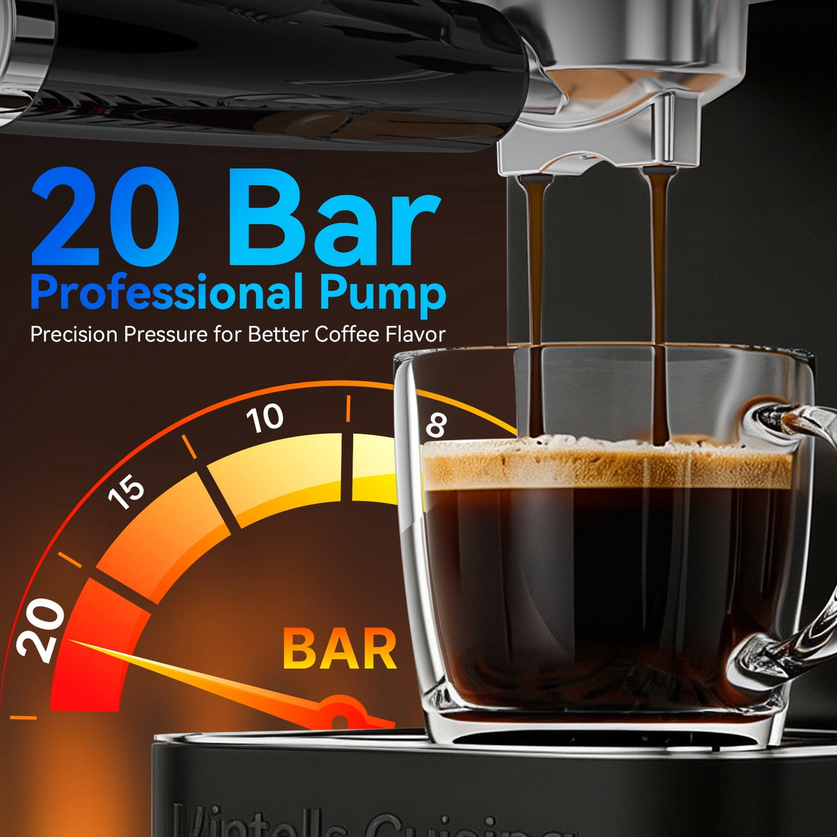 URintells Cuising 20 Bar Espresso Machine with Milk Frother, 1350W Coffee Maker for Americano, Cappuccino, Latte, Stainless Steel
