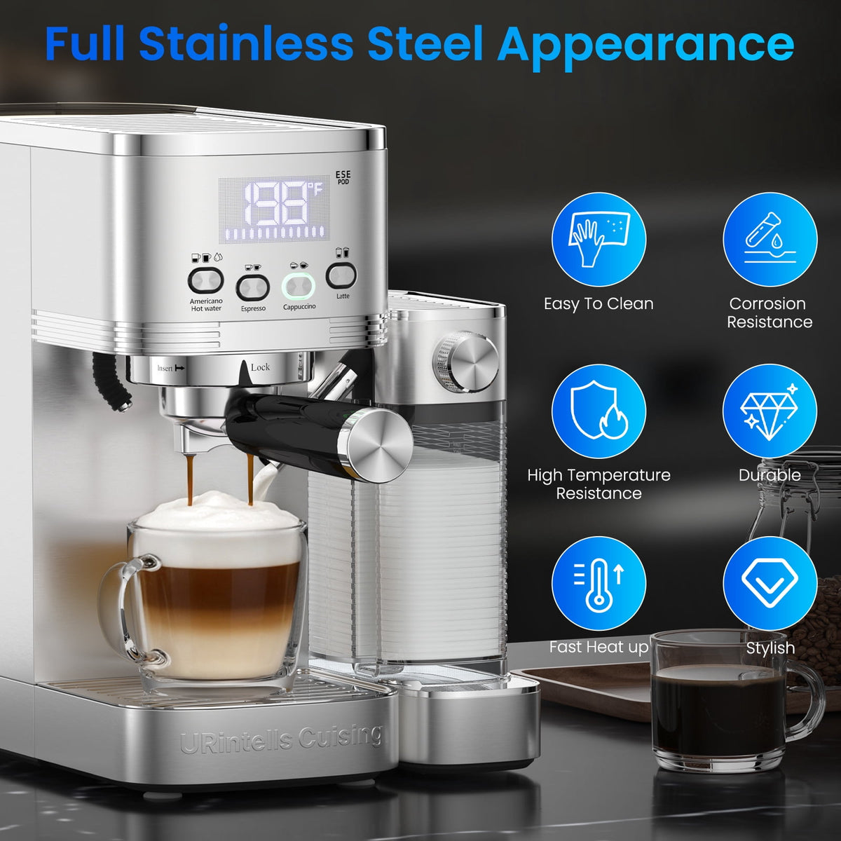 URintells Cuising Espresso Machine, 20 Bar Cappuccino & Latte Machine with Built-In Milk Frother, 1350W, Stainless Steel