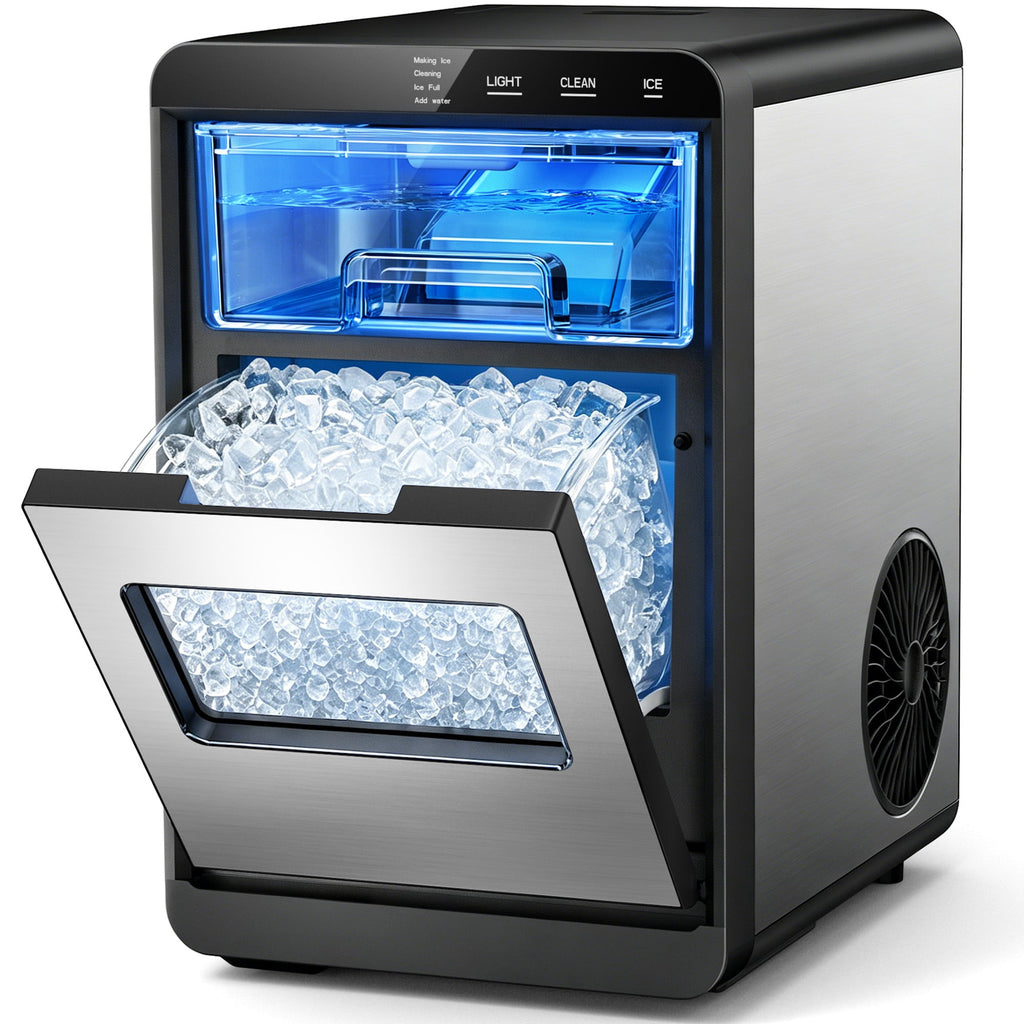 Snowyermine Nugget Ice Maker Countertop, 44 lbs per Day, Soft, Chewable Sonic-Style Pebble Ice, One-Touch Self-Cleaning, Stainless Steel, Black, for Home, Kitchen, Office, RV and Camping
