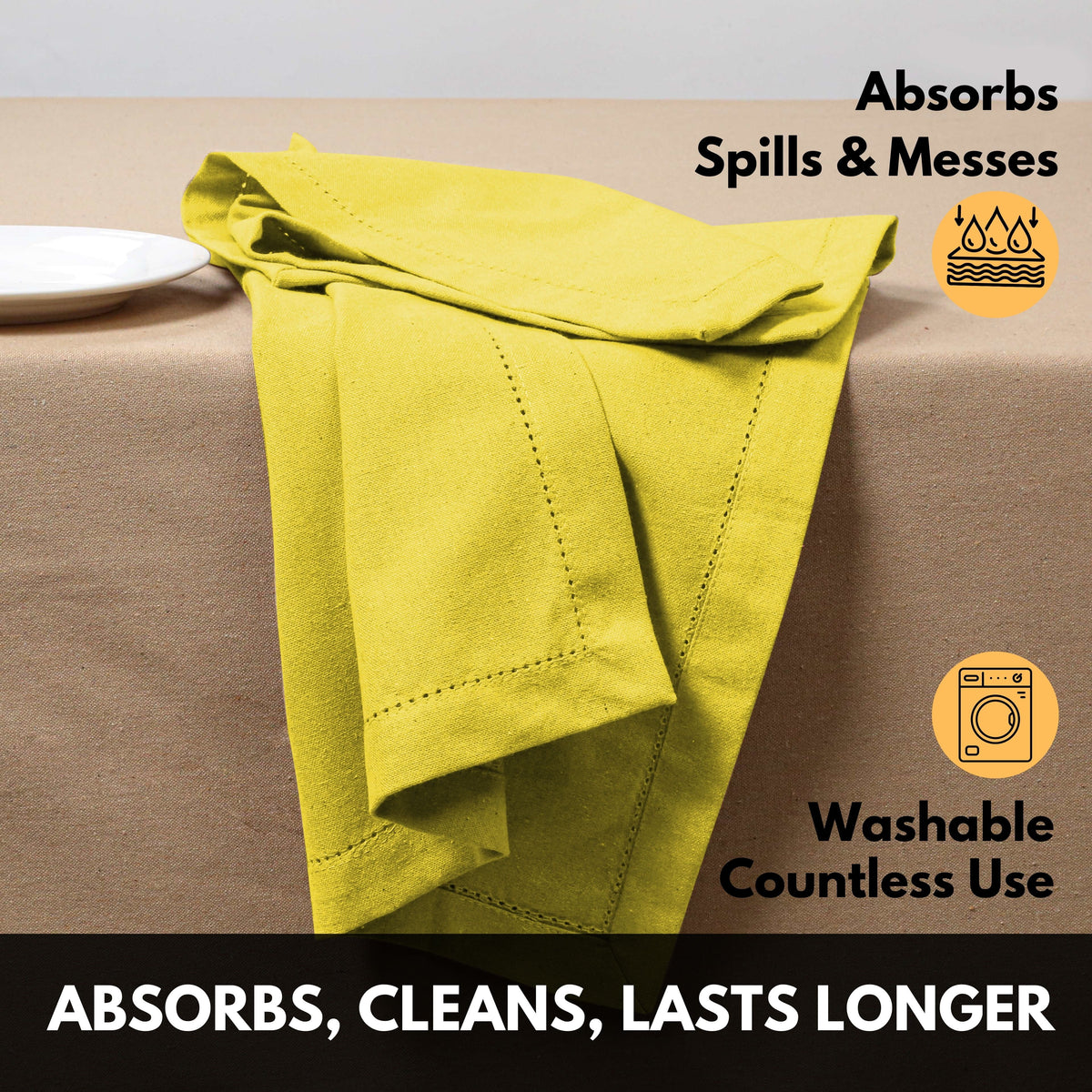 Softopia Cotton Hemstitch Table Fabric Cloth Napkins 18"x18", Set of 12, Lemon Yellow
