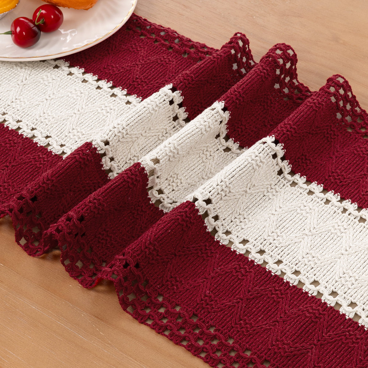 MeyJey Table Runner and Placemats Set of 4, Washable Fabric Rectangle Dining Table Mats with Tassels for Dining Tables, Kitchen, Red/Beige