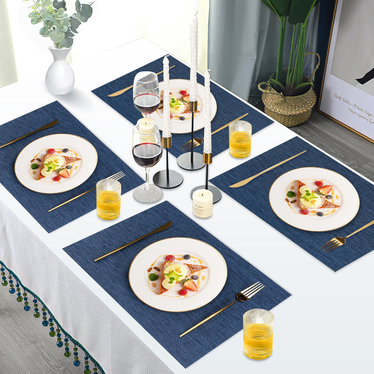 VCVCOO Navy Blue Placemats Set of 4 - Easy Clean Washable PVC Vinyl Placemats - Wipeable Heat Resistant Woven Table Mats for Dining Table - 12x18 inch