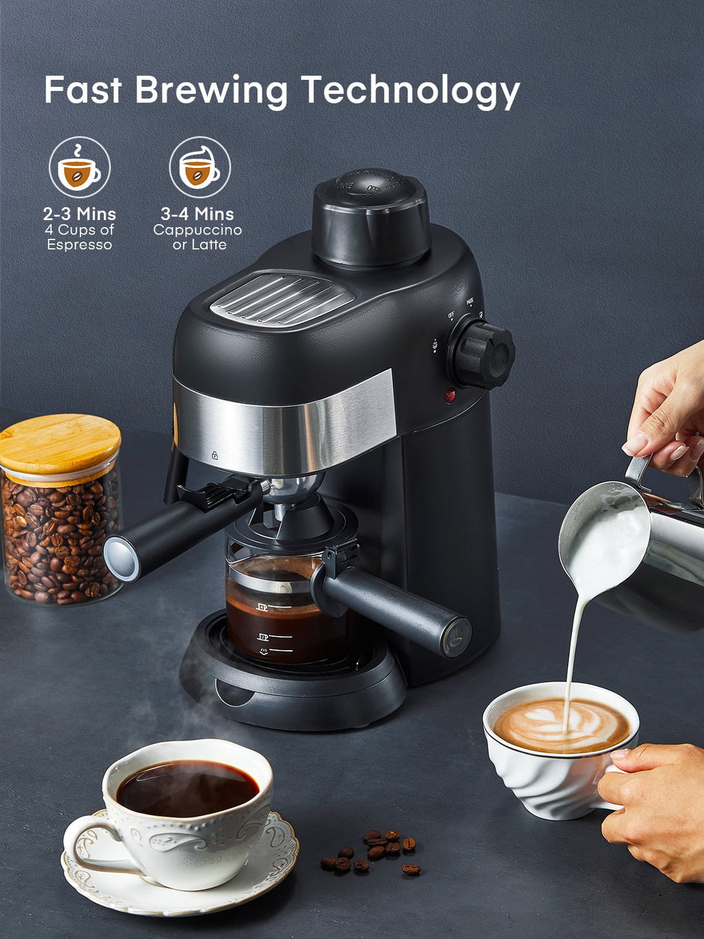 FOHERE Espresso Machine, 3.5 Bar 4 Cup Steam Espresso Machine Cappuccino Maker with Milk Frother