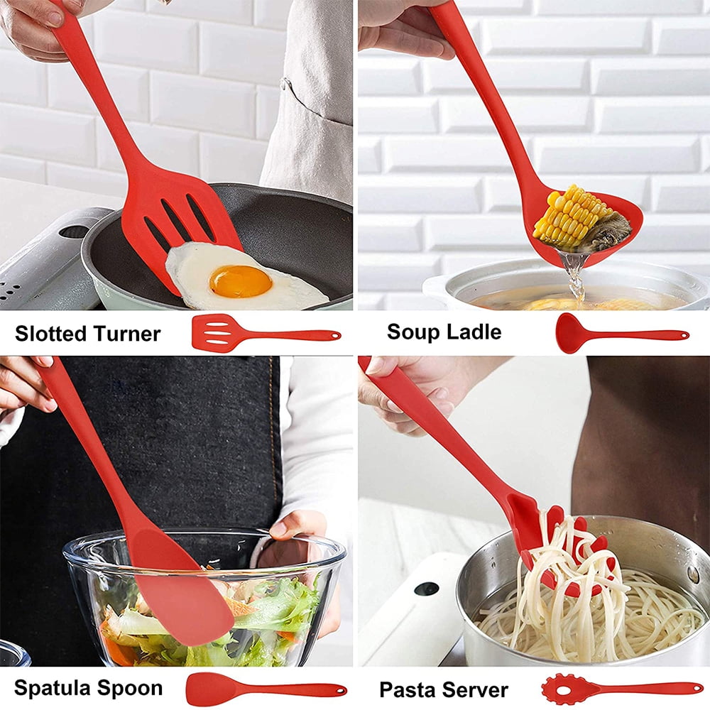 Walchoice 14 Pcs Cooking Utensils Set with Holder, Heat Resistant Silicone Kitchen Cookware Utensils Set, Kitchen Cooking Tools Includes Spatula Spoon Turner Whisk Tong, Dishwasher safe, Red