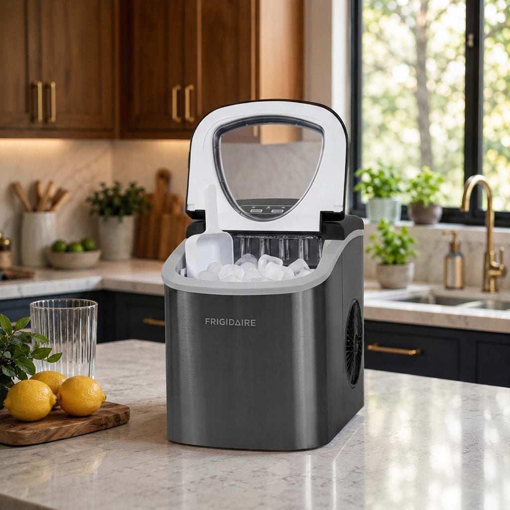Frigidaire 26 lb Bullet Ice Maker Stainless Steel - compact, high-capacity icemaker producing bullet-shaped ice ideal for kitchens, parties, and entertaining