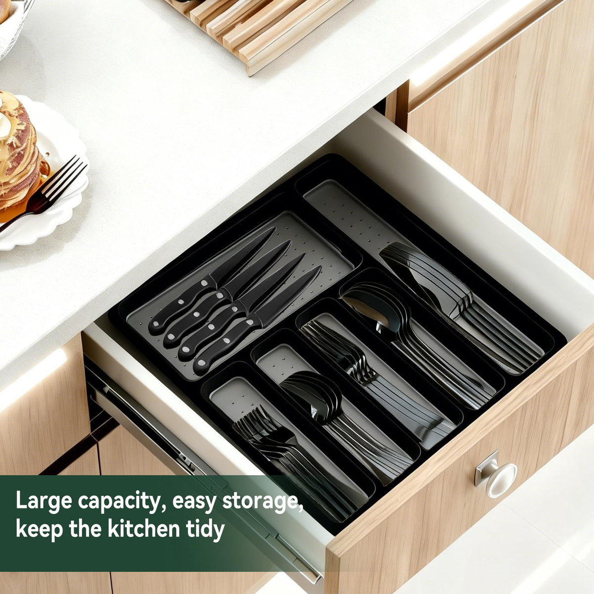 49-Piece Silverware Set with Flatware Drawer Organizer, Durable Stainless Steel Cutlery Set for 8, Mirror Polished Kitchen Utensils Tableware Service with Steak Knives Dinner Fork Knife Spoon & Tray