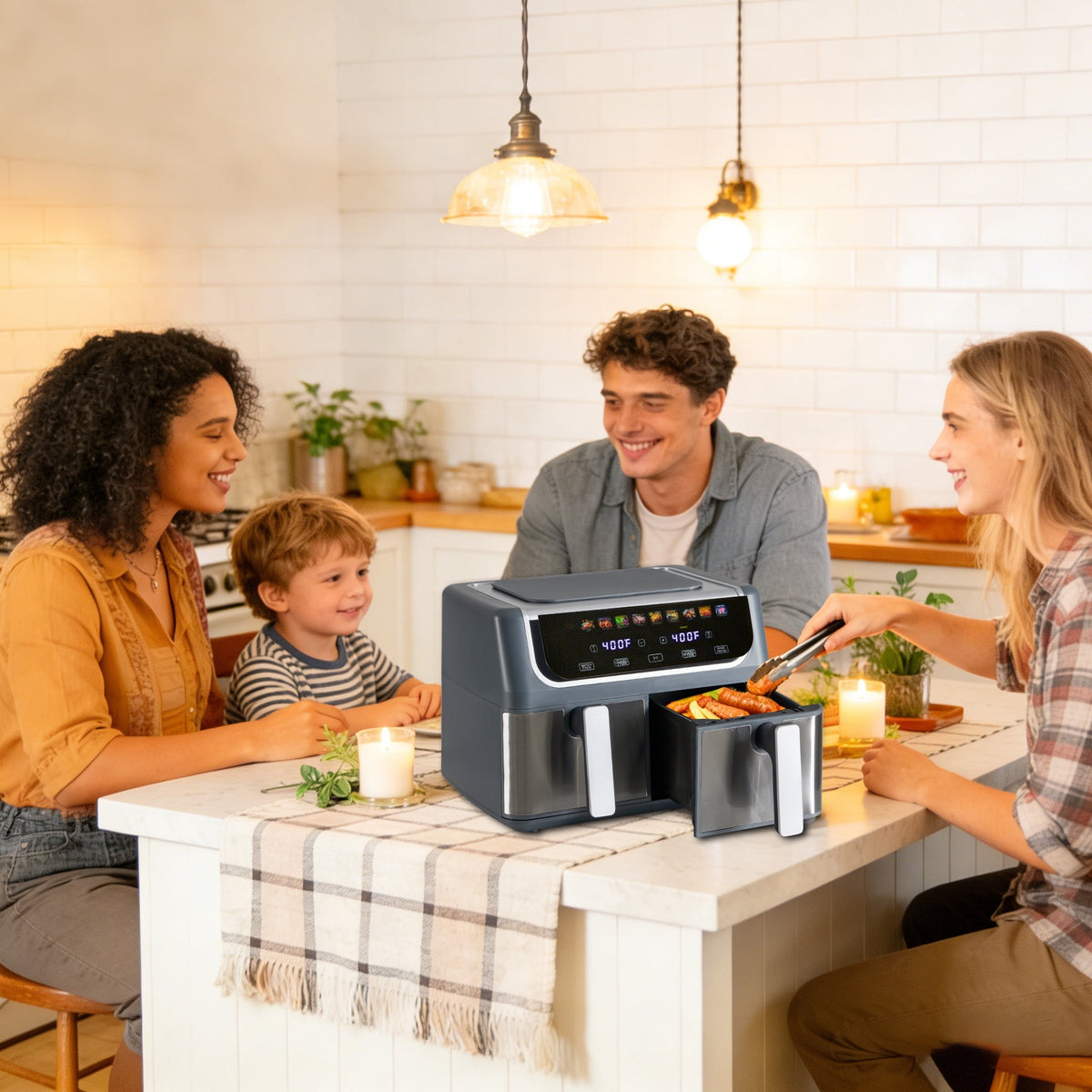EDX 9QT Dual Basket Stainless Steel Air Fryer with Digital Sync & Match Cook, 1700W, 10 Presets, 2 Independent Cooking Zones, Shake Reminder, Black