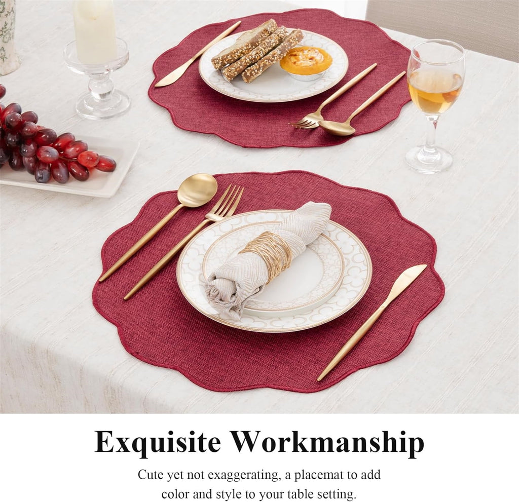 Ileading Scalloped Round Placemats Set of 6 Polyester Linen Blend Washable Non Slip Place Mats Easy Clean Heat Resistant Table Mats for Kitchen Dining Table Decor