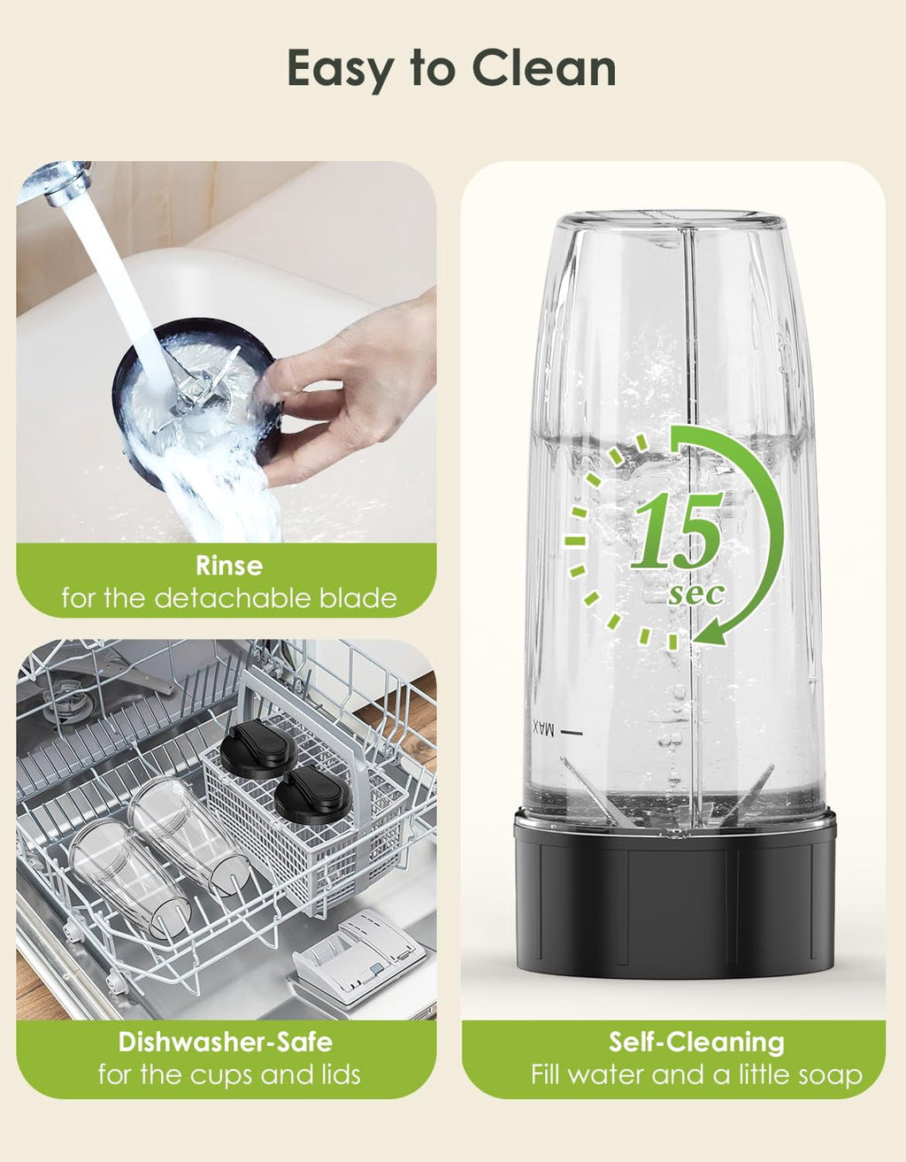 Personal Smoothie Blender, Blenders and Grinder Combo for Kitchen with 2 * 22 Oz To-Go Cup and Lid for Protein Shake, Baby Food, Frozen Drink